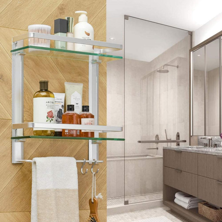 2 Tier Glass Bathroom Shelf With Towel Bar Rispa